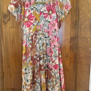 Umgee Floral Print Dress with Pink and Green